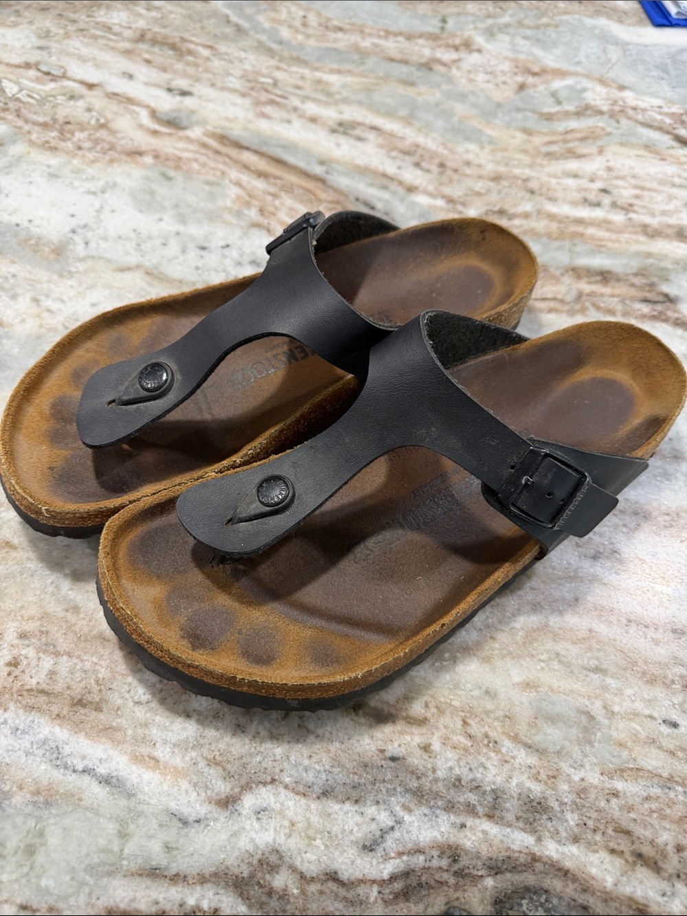 Black Leather Thong Sandals with Brown Footbed